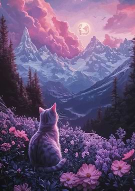 Cat Gazing at Moonlit Mountains