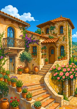 Charming Mediterranean Courtyard with Flowers