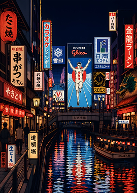 Neon-lit Osaka canal at night