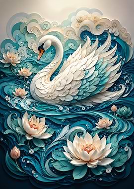 Elegant Swan Amidst Water Lilies