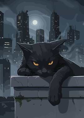 Black Cat on Rooftop at Night