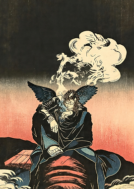 Winged figure with smoke