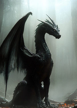 Black Dragon in Misty Forest