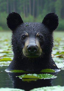 Black Bear in Lily Pond