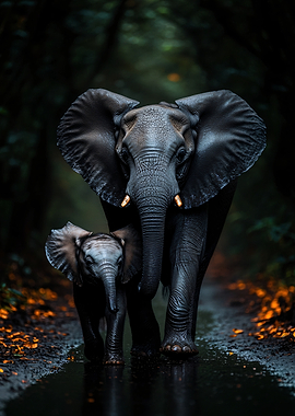 Mother and baby elephant walking