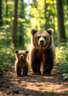 Mother Bear and Cub in Forest