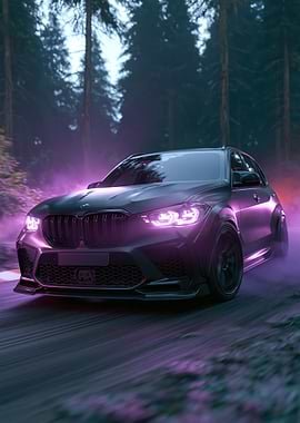 Dark Car with Purple Lights in Forest