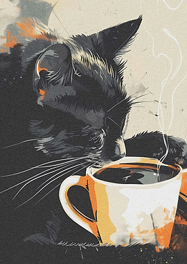 Black Cat with Coffee