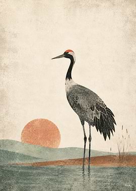 Zen Horizon Red-Crowned Crane No. 03 – Japanese Crane Wall Art