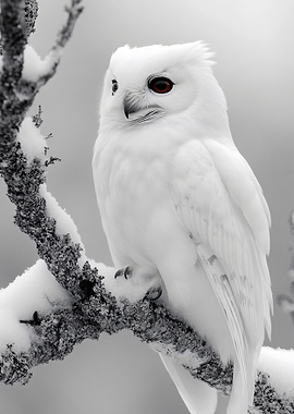 White Owl on Snowy Branch
