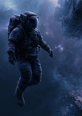 Astronaut Floating in Space Near a Space Station