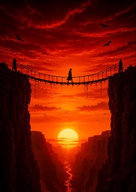 Lone figure crosses a rope bridge at sunset