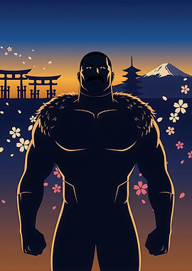 Macho Man Silhouette with Japanese Scenery