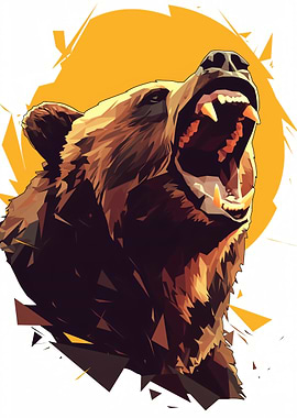 Aggressive Bear Roaring with Yellow Background