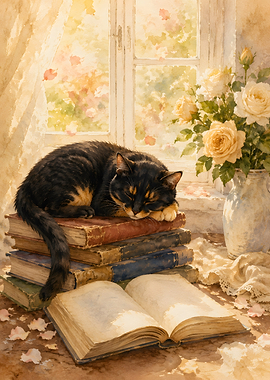 Cat Sleeping on Books by Window