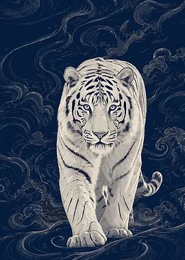White Tiger Amidst Dark Waves