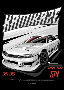 White Nissan Silvia S14 Drift Car Art
