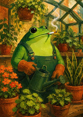 Frog Gardener Smoking in Greenhouse