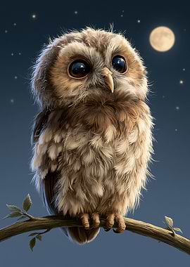 Cute Owl on a Branch at Night