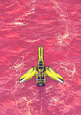Yellow spaceship in a red nebula Sky