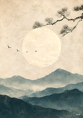 Zen Horizon Moonlit Pines No. 02 – Japanese Minimalist Landscape Wall Art