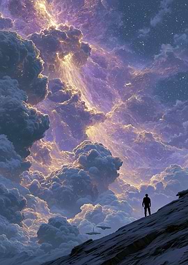 Man gazes at cosmic clouds and spacecraft