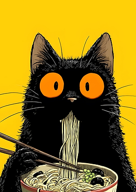 Black Cat Eating Noodles