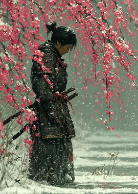 Samurai Warrior in Snowy Cherry Blossoms