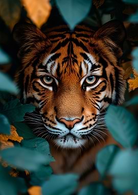 Tiger Peeking Through Leaves