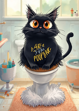 Funny Black Cat on Toilet