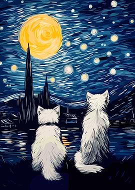 Two Dogs Admire Starry Night