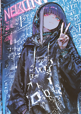 Anime Girl with Headphones and Neon Background