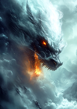 Fiery Dragon Emerging from Clouds