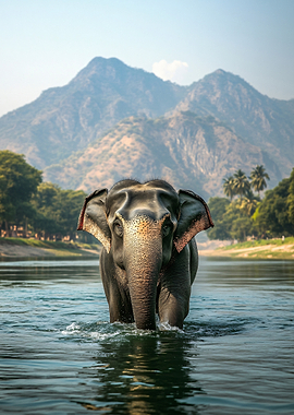 Elephant walking in a river