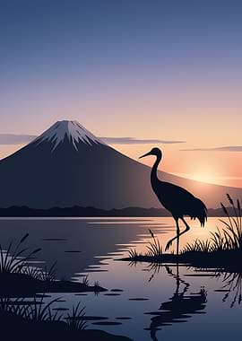 Crane and Mount Fuji at Sunset