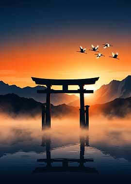 Torii Gate at Sunrise with Cranes