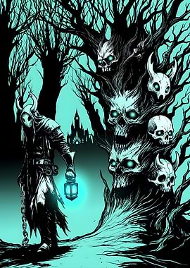 Grim Reaper with Lantern and Skull Tree