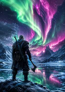 Viking Warrior Under Aurora Borealis