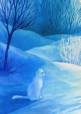 White Cat in Snowy Landscape