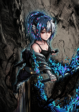 Anime warrior with blue flames