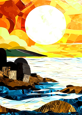 Abstract Coastal Landscape with Sun