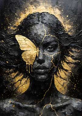 Golden Butterfly Woman Portrait in Dark Abstract Art