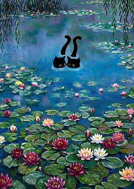 Cats in a Monet Water Lily Pond