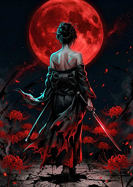 Geisha with Katana Under Red Moon