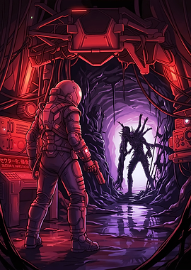 Astronaut confronts alien creature in dark cave