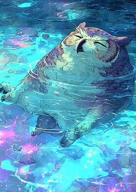 Fat Owl Floating and swimming with sleep in Water cosmic