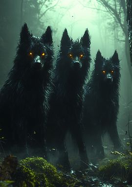 Three black wolves with glowing eyes