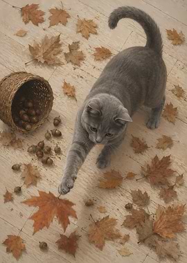 Gray cat playing with autumn leaves