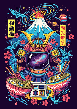 Astronaut Samurai with Ramen and Mount Fuji