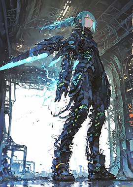 Cyberpunk Anime Warrior with Energy Sword